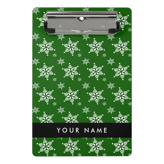 White Snowflakes, Green, Your name, Personalise Mini Clipboard (Front)