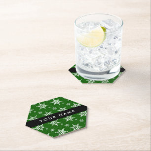 White Snowflakes, Green, Your name, Personalise Paper Coaster