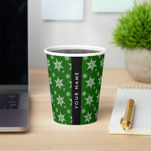 White Snowflakes, Green, Your name, Personalise Paper Cups