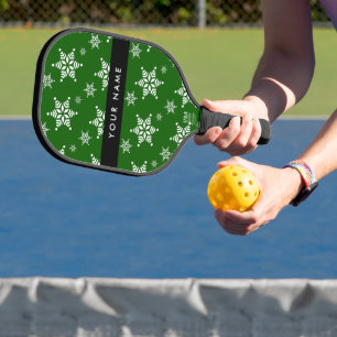 White Snowflakes, Green, Your name, Personalise Pickleball Paddle