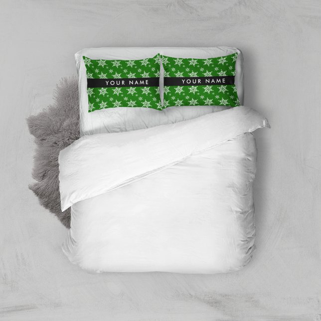 White Snowflakes, Green, Your name, Personalise Pillowcase (Creator Uploaded)