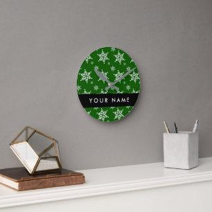 White Snowflakes, Green, Your name, Personalise Round Clock