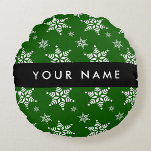 White Snowflakes, Green, Your name, Personalise Round Cushion