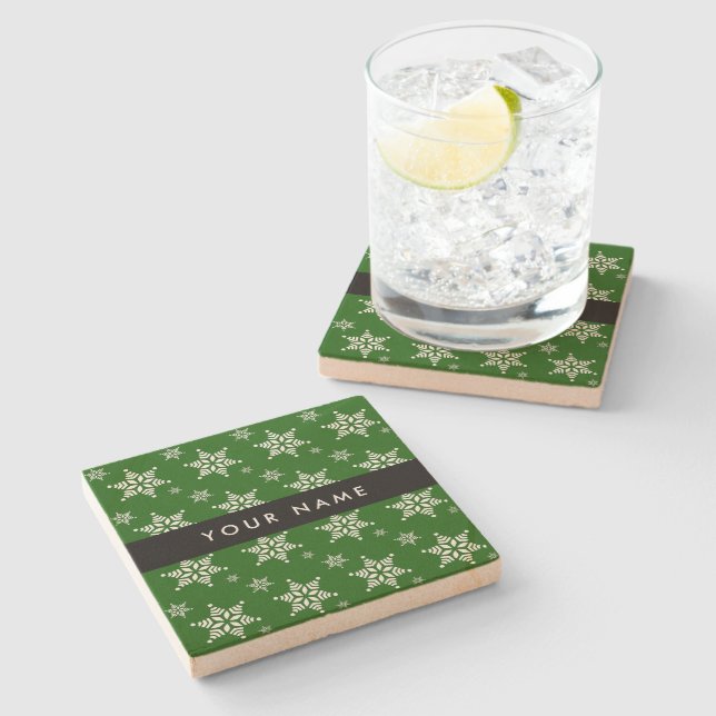 White Snowflakes, Green, Your name, Personalise Stone Coaster (Side)