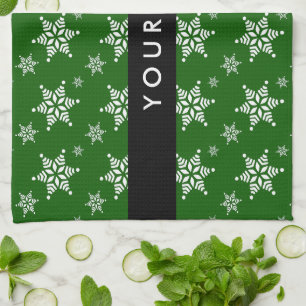 White Snowflakes, Green, Your name, Personalise Tea Towel
