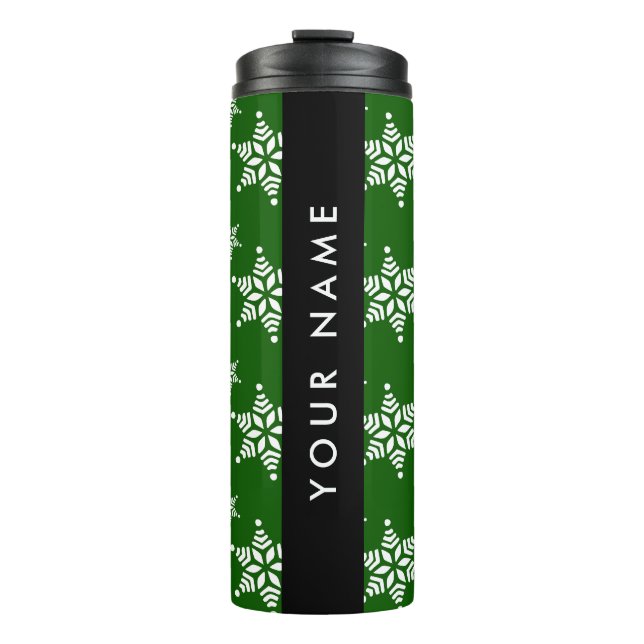 White Snowflakes, Green, Your name, Personalise Thermal Tumbler (Front)