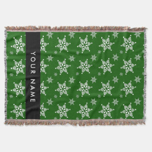 White Snowflakes, Green, Your name, Personalise Throw Blanket