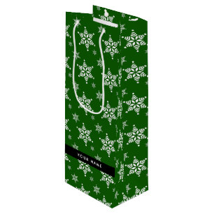 White Snowflakes, Green, Your name, Personalise Wine Gift Bag