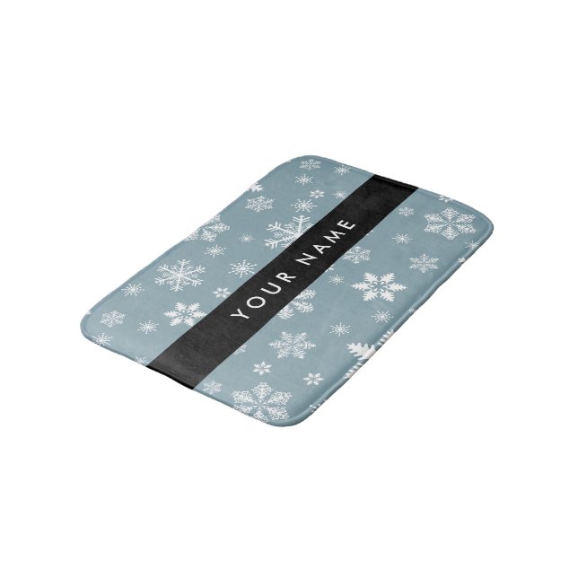 White Snowflakes, Grey, Your name, Personalise Bath Mat (Angled)