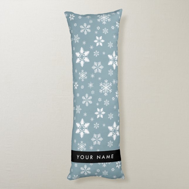 White Snowflakes, Grey, Your name, Personalise Body Cushion (Back (Vertical))
