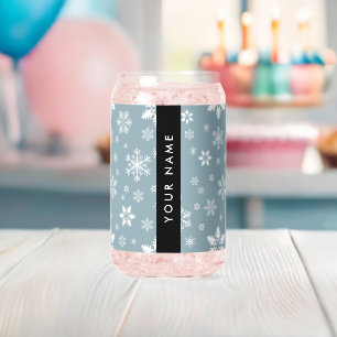 White Snowflakes, Grey, Your name, Personalise Can Glass