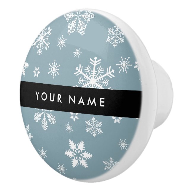 White Snowflakes, Grey, Your name, Personalise Ceramic Knob (Right)