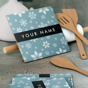 White Snowflakes, Grey, Your name, Personalise Ceramic Tile