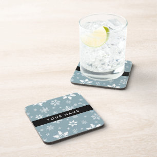 White Snowflakes, Grey, Your name, Personalise Coaster