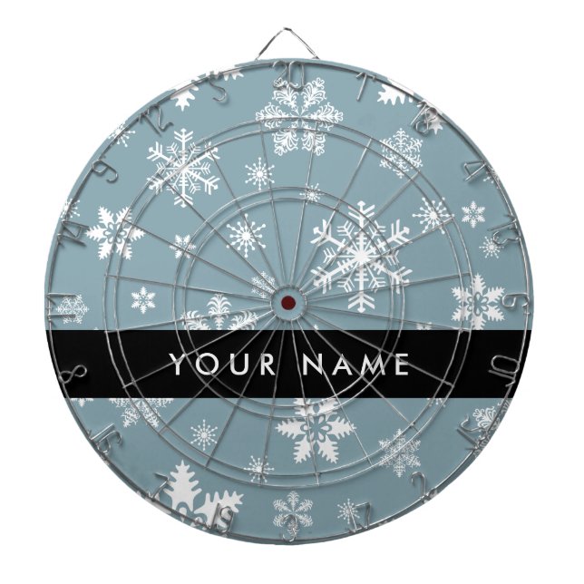 White Snowflakes, Grey, Your name, Personalise Dartboard (Front)