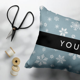 White Snowflakes, Grey, Your name, Personalise Decorative Cushion