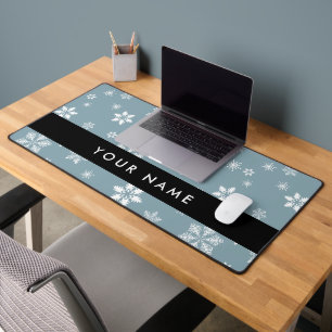 White Snowflakes, Grey, Your name, Personalise Desk Mat