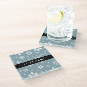 White Snowflakes, Grey, Your name, Personalise Glass Coaster