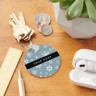 White Snowflakes, Grey, Your name, Personalise Key Ring
