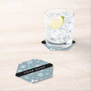 White Snowflakes, Grey, Your name, Personalise Paper Coaster