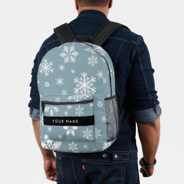 White Snowflakes, Grey, Your name, Personalise Printed Backpack (Insitu (Model))