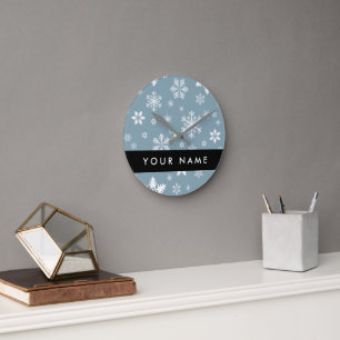White Snowflakes, Grey, Your name, Personalise Round Clock