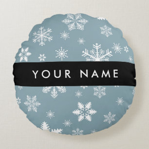 White Snowflakes, Grey, Your name, Personalise Round Cushion