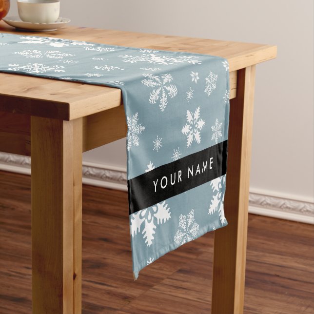 White Snowflakes, Grey, Your name, Personalise Short Table Runner (In Situ)