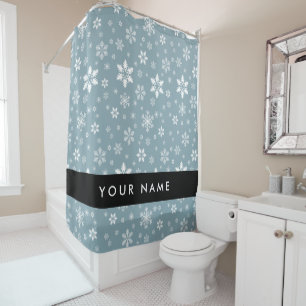 White Snowflakes, Grey, Your name, Personalise Shower Curtain