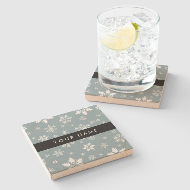 White Snowflakes, Grey, Your name, Personalise Stone Coaster (Side)