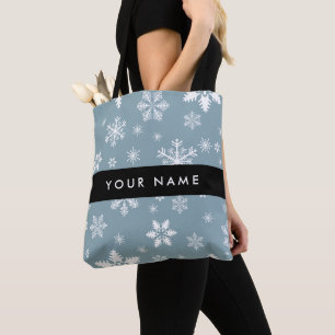White Snowflakes, Grey, Your name, Personalise Tote Bag