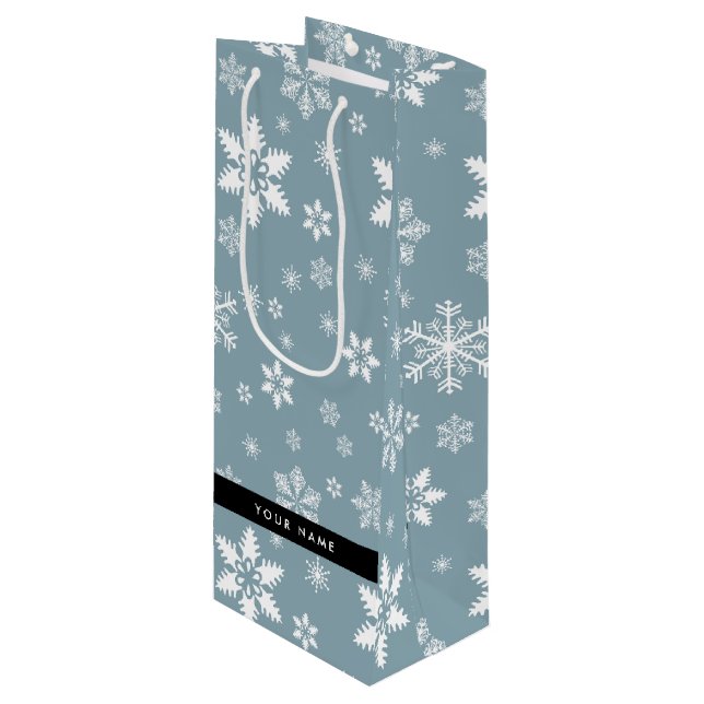 White Snowflakes, Grey, Your name, Personalise Wine Gift Bag (Front Angled)