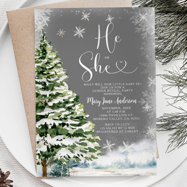 White Snowflakes He or She Winter Gender Reveal Invitation (Creator Uploaded)