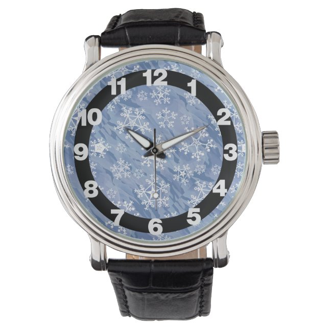White Snowflakes Large Clock Watch (Front)