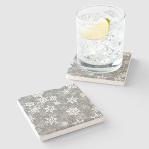 White Snowflakes Luxurious Gray Elegant Christmas Stone Coaster