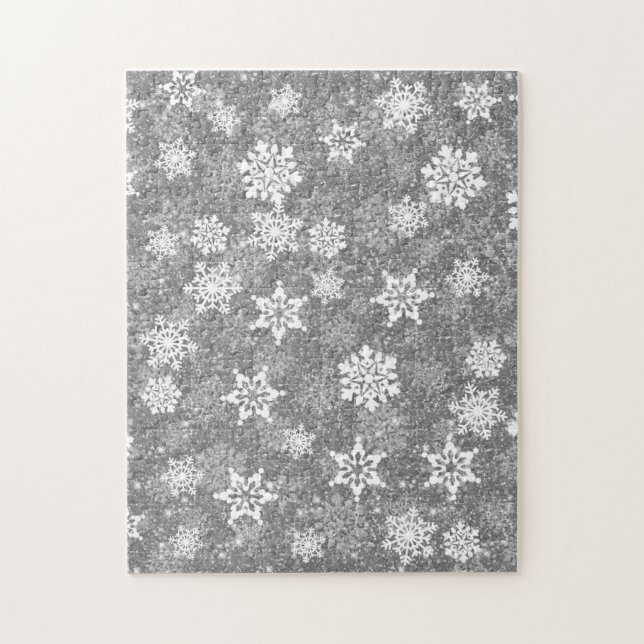 White Snowflakes Luxurious Grey Elegant Christmas Jigsaw Puzzle (Vertical)