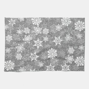 White Snowflakes Luxurious Grey Elegant Christmas Tea Towel