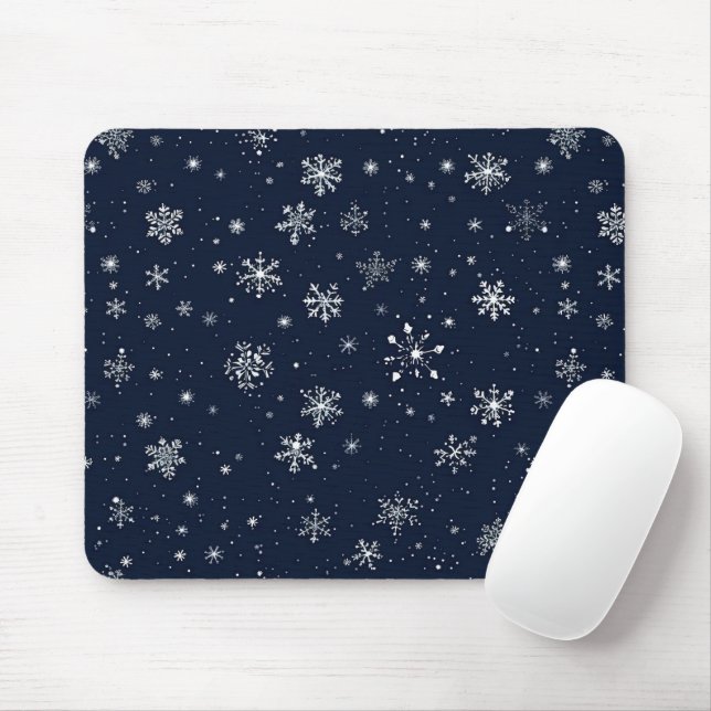 White Snowflakes on a Dark Blue Background Mouse Pad (With Mouse)