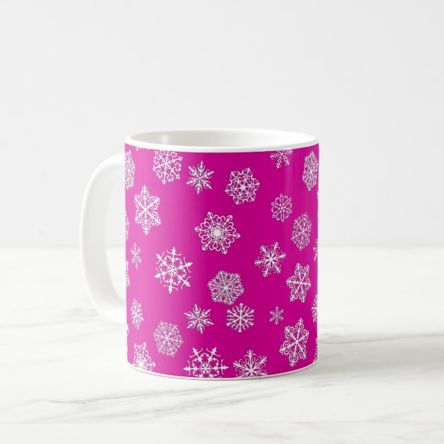White Snowflakes on a Fuchsia Pink Background Coffee Mug (Front Left)