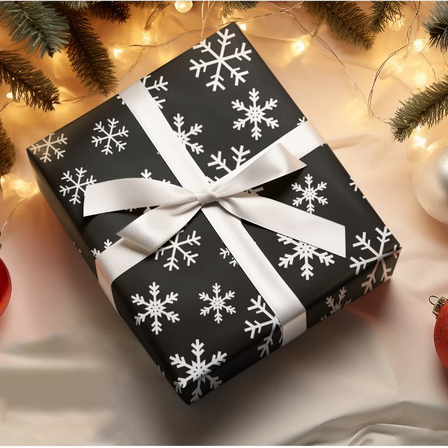 White Snowflakes On Black Background Christmas Wrapping Paper (Creator Uploaded)