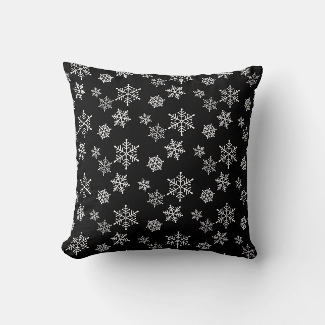 White Snowflakes on Black Throw Pillow (Front)