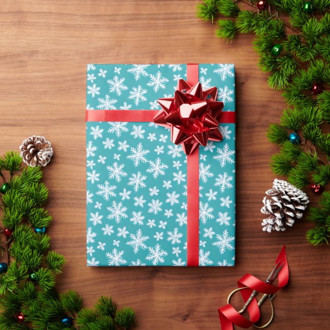 white snowflakes on blue background Wrapping Paper (Holiday Gift)