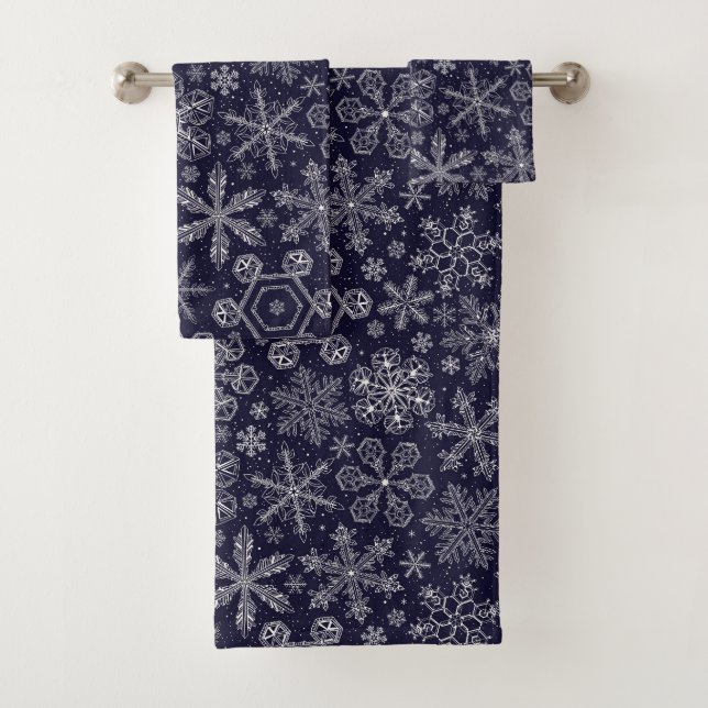 White Snowflakes on blue Bath Towel Set (Insitu)