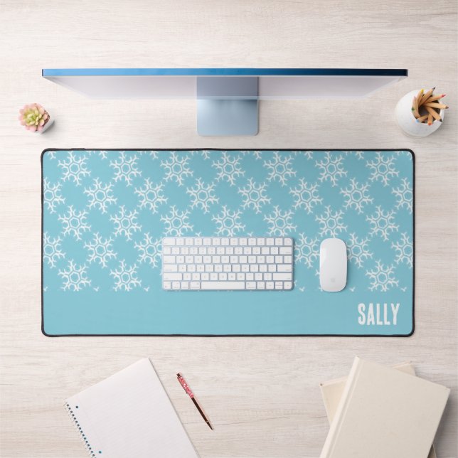 White snowflakes on blue desk mat (Office 1)
