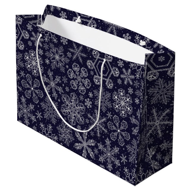 White Snowflakes on blue Large Gift Bag (Back Angled)
