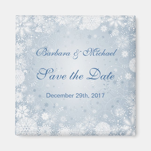White snowflakes on blue Save the Date Magnet (Front)