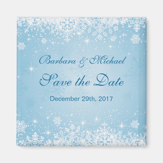 White snowflakes on blue Save the Date Magnet (Front)