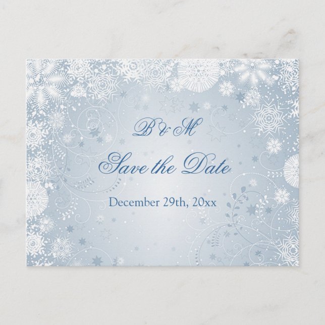 White snowflakes on blue Save the date Postcard (Front)