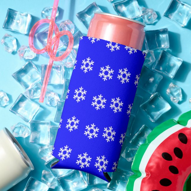 White snowflakes on blue seltzer can cooler (In Situ Summer)