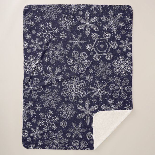 White Snowflakes on blue Sherpa Blanket (Front)